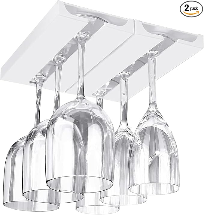 2 Pcs Wine Glass Holder Under Shelf or Cabinet Punch-free,Stemware Rack Glassware Drying Storage Hanger for Kitchen,Bar and Restaurant (White)