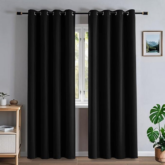 Blackout Curtains 90 Inch Length for Bedroom, Thermal Insulated Blackout Curtains 2 Panels Set, Solid Grommet Privacy Room Darkening Drapes for Living Room Windows(W52 x L90, Black)