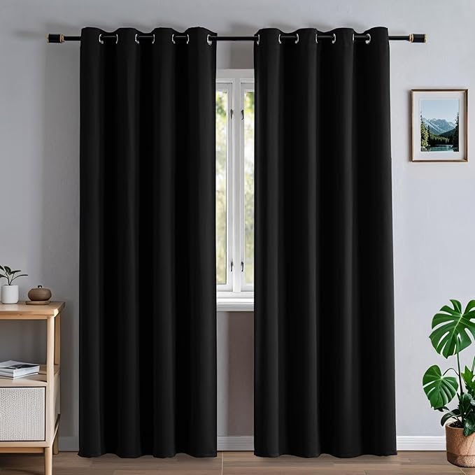 Blackout Curtains 108 Inches Long for Bedroom, Thermal Insulated Blackout Curtains 2 Panels Set, Solid Grommet Privacy Room Darkening Drapes for Living Room Windows(W52 x L108, Black)