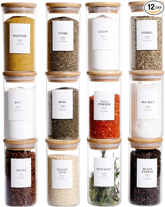 12 Pcs Glass Spice Jars With Bamboo Airtight Lids, 10oz Thicken(2.4mm) Spice Containers With 148 Minimalist Preprinted Waterproof Spice Labels, Kitchen Empty Small Storage Jars For Seasoning, Herb