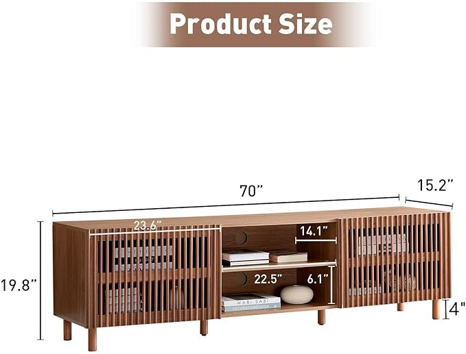 Bonzy Home 70" Mid Century Modern TV Stand, TV Console for TV up to 75", Slatted Entertainment Center with Storage and Open Shelves for Living Room, Bedroom, and Media Room