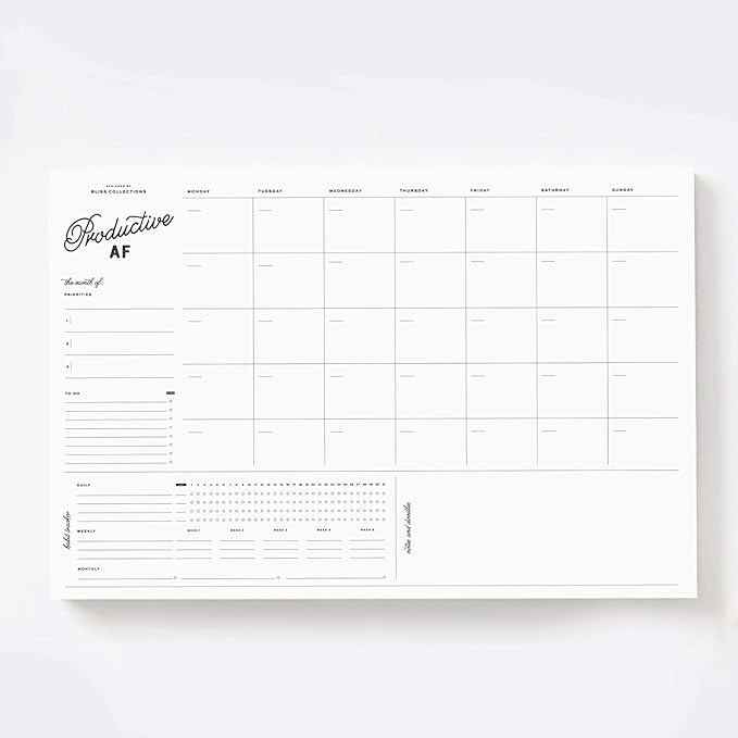 Bliss Collections Monthly Planning Pad, To Do List Notebook - Undated Tear-Off Sheets Notepad - Work Calendar, Organizer, Scheduler for Goals, Tasks - Productive, 12" x 18", 18 Sheets