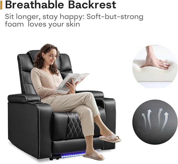 ANJ Power Home Theater Recliner Chair Set of 3, Electric Movie Theater Seating Reclining Chairs with Cup Holders for Living Room, Faux Leather with Blue LED, USB Ports, Hidden Arm Storage (Black)