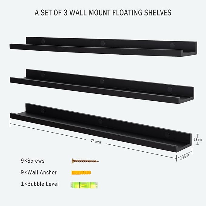 AZSKY Floating Picture Ledge Shelves for Wall Set of 3, 36 Inch Photo Shelves with Lip Long Large Nursery Book Shelf for Toys Storage Kids Bookshelf Wall Mounted Living Room Bedroom Decor Frames