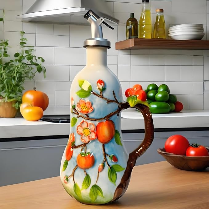 18 Oz Hand Painted Relief Ceramic Olive Oil Bottle Dispenser for Kitchen, Oil and Vinegar Bottle, Seasoning Bottle with Stainless Steel Nozzle, 540mL Oil Container with Handle for Cooking, Light Proof