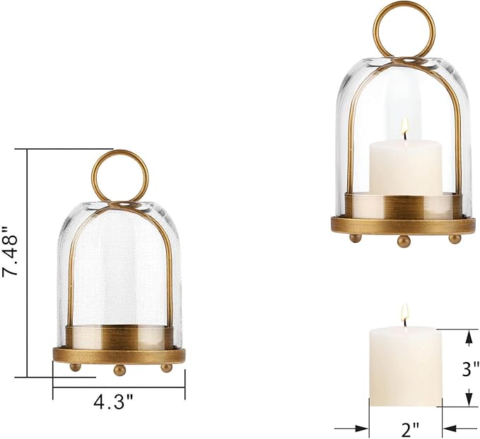 7.5" High Versatile Modern Metal Hurricane Lantern with Handmade Sturdy Glass Dome for 2" Pillar Candle & Plants (Brass, 4" x7.5)