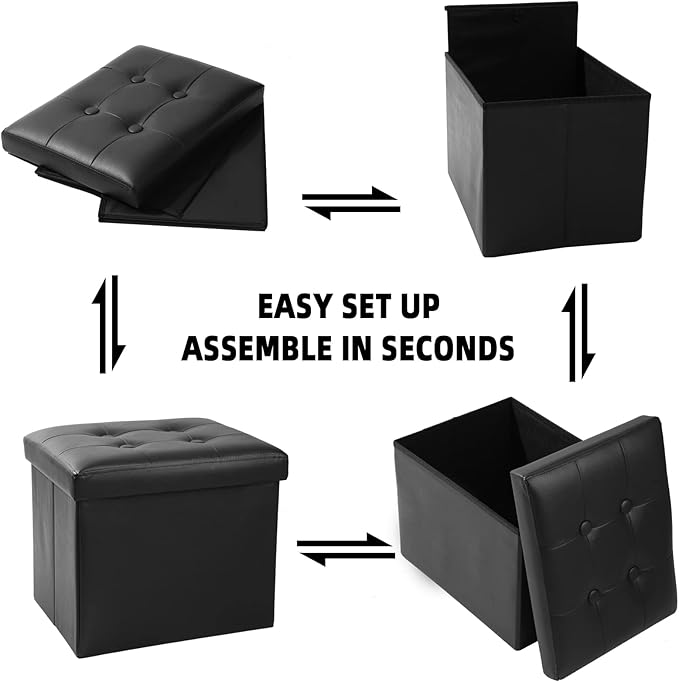ALASDO Storage Ottoman Footrest Stool Small Ottoman with Storage Foldable Ottoman Leather Foot Rest Footstool Bench for Living Room 17x13x13inches Black
