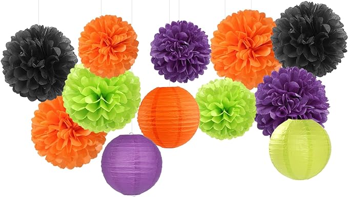 Black-Orange Purple Green Halloween Party-Decorations - 15PCS Paper Flowers Lanterns Tissue Pom Poms Streamers,Vintage Birthday Baby Shower Bachelorette Wedding Bathroom Hanging Supplies Decor Hugfond