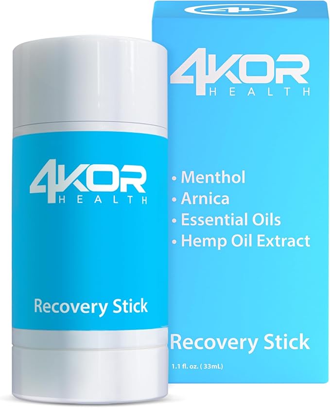 4KOR Recovery Stick - Natural Muscle Balm | Hemp Infused | for Muscles, Joints, Post-Workout | Features a Cooling & Warming Sensation | Portable & Non-Greasy Twist-Up Balms - 1 oz.