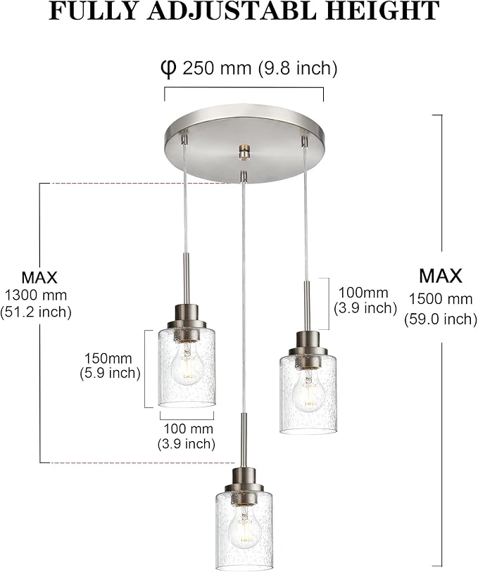 3-Light Contemporary Pendant Lighting with Clear Seeded Glass,Brushed Nickel Dining Room Chandelier Light Fixture Modern Kitchen Island Cluster Hanging Ceiling Pendant Lights for Sink Bar