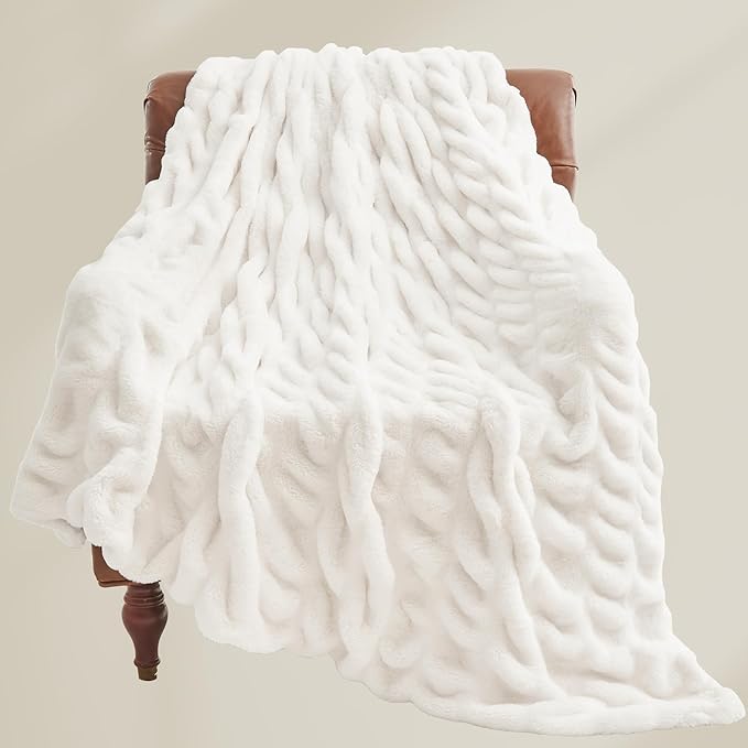 BEDELITE Faux Fur Throw Blanket for Couch, Soft and Cozy Boho Ruched Fluffy Blanket, Warm Plush Fuzzy Faux Rabbit Fur Blanket for Women Gift (Cream, 50"x 60")