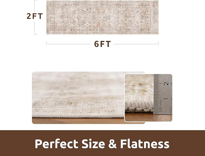 AMOAMI-2X6 Runner Rug-Washable Runners for Hallways-Soft Non Slip Bedside Rugs for Bedroom-Vintage Long Rug for Hallways Entryway Laundry Room Stair Kitchen Bathroom Beige