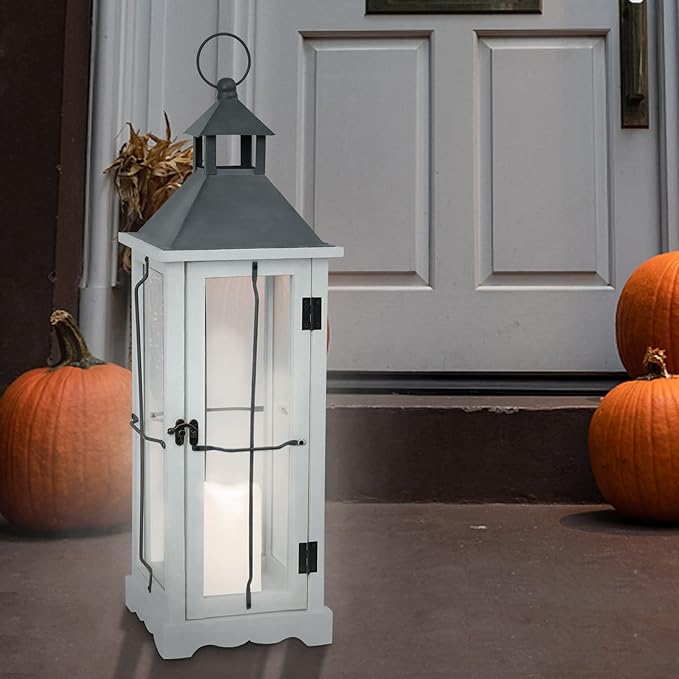 Bdor 26in Farmhouse White IP65 Waterproof Wood Metal Decorative Lanterns with Remote Control, Timer, Tempered Glass, Flameless Pillar Candles, Decorative Lanterns for Home Decor, Front Porch, Wedding