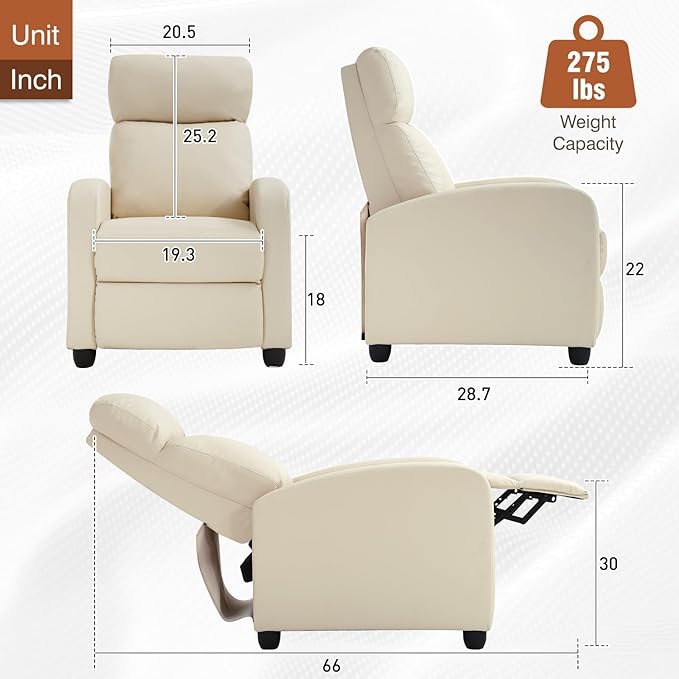 BestMassage | Recliner Chair | No Massage Function | Pu Beige | with Lumbar Support, Adjustable Push Back, Wide Armrests, Footrest & Padded Seat | Easy Assembly | for Living Room, Home Theatre