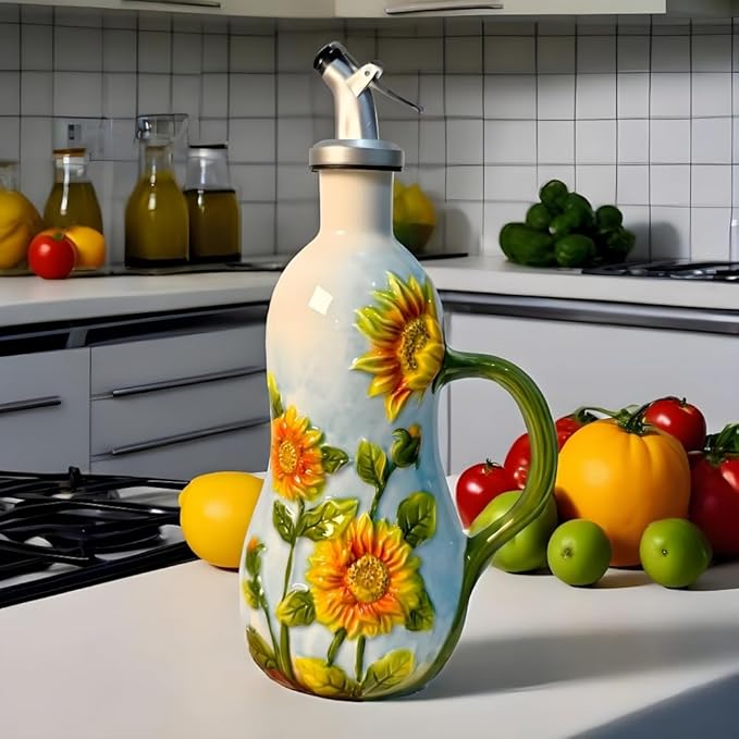 18.26oz/540ml Ceramics Olive Oil Dispenser Bottle,Hand Painted Reliefs Oil Dispenser for Kitchen,Oil Bottles for Kitchen (Sunflower)