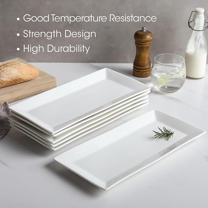 12" Serving Platters Set of 4, White Rectangular Plates, Ceramic Serving Tray, Stackable Large Party Plates for Appetizer, Dessert, Steak, Sushi, Housewarming, Oven Dishwasher Safe