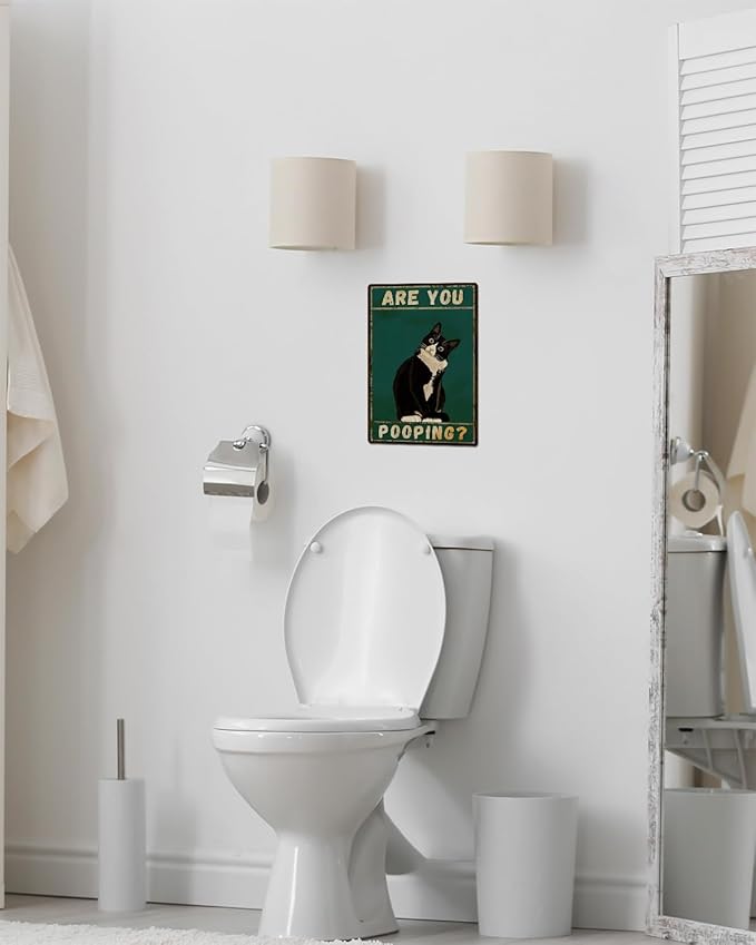 ALKB Bathroom Sign Tuxedo Cat Wall Decor Funny Metal Sign 8x12 Inch - Are You Pooping - Wall of Glory Decor Black Cat Sign