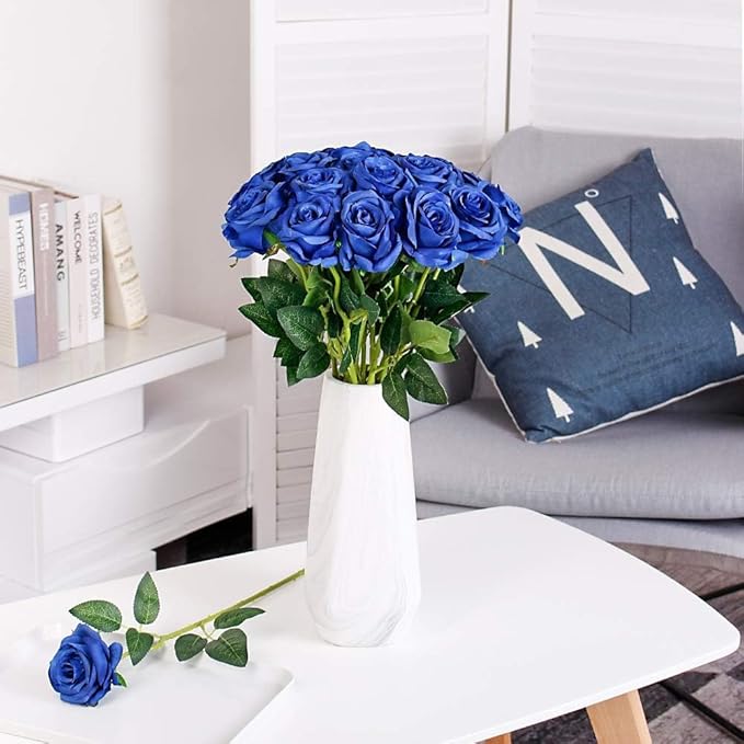 Blue Fake Roses Artificial Flowers - 16 Pcs Fake Artificial Roses Silk Flowers with Stems for Home Wedding Hotel Office Centerpiece Decor