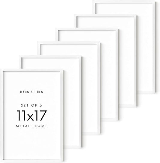 HAUS AND HUES 11x17 White Metal Picture Frames - Features Premium Aluminum, Vertical & Horizontal Hang, Shatterproof Plexiglass - Perfect for Home, Room, Office (11x17 in, White, Set of 6)