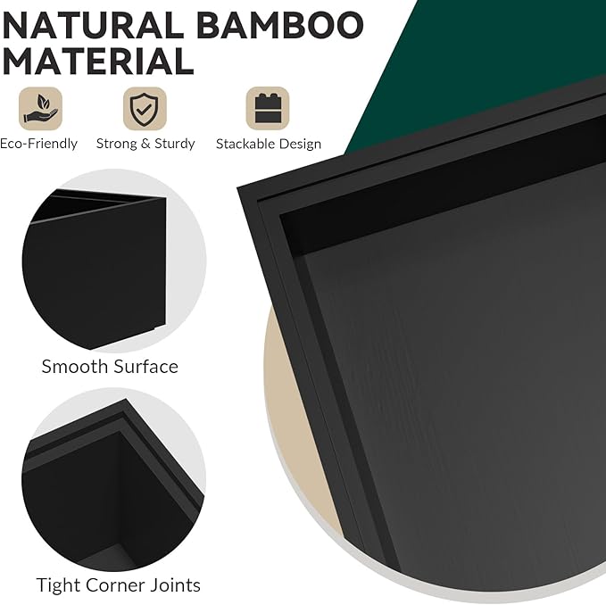 Bamboo Drawer Organizer, Small Silverware for Kitchen Drawer, Stackable Utensil Organizer, 2 Pcs Flatware Organizer, Wooden Storage Box Tray (Black, 6 X 3 X 2 Inch)