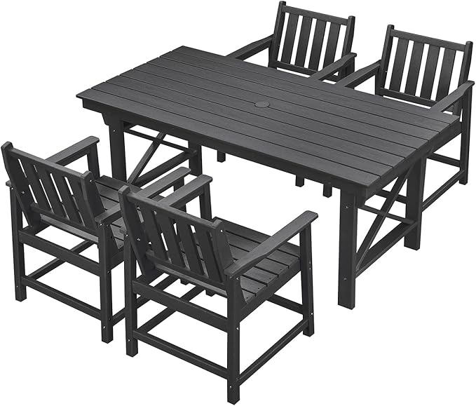 HDPE Patio Dining Set, 5-Piece Outdoor Table and Chairs with Umbrella Hole, Modern Outdoor Dining Set for 4, HDPE Outdoor Patio Furniture Dining Sets for Deck, Poolside, Porch, Obsidian