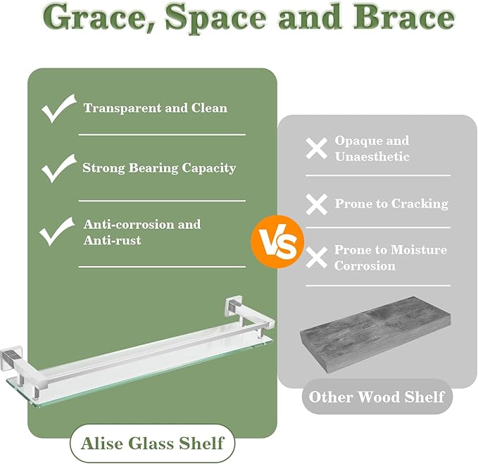 Alise Bathroom Shelf Wall Mounted, Polished Chrome Large Capacity Glass Shelf for Bathroom, 24 inch