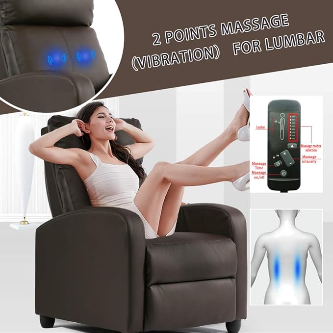 BestMassage | Recliner Chair | with 2 Point Massage Function | Pu Brown | with Lumbar Support, Adjustable Push Back, Footrest & Padded Seat | Easy Assembly | for Living Room, Home Theatre