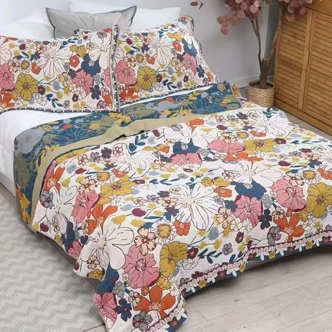 Boho Muslin Blanket for Adults 4-Layer Gauze Twin Size Soft Cozy 100% Cotton Summer Cooling Blanket Floral Decor for Sofa Bed Coverlet Both Sides (Colorful Floral, 80 x 90 in)