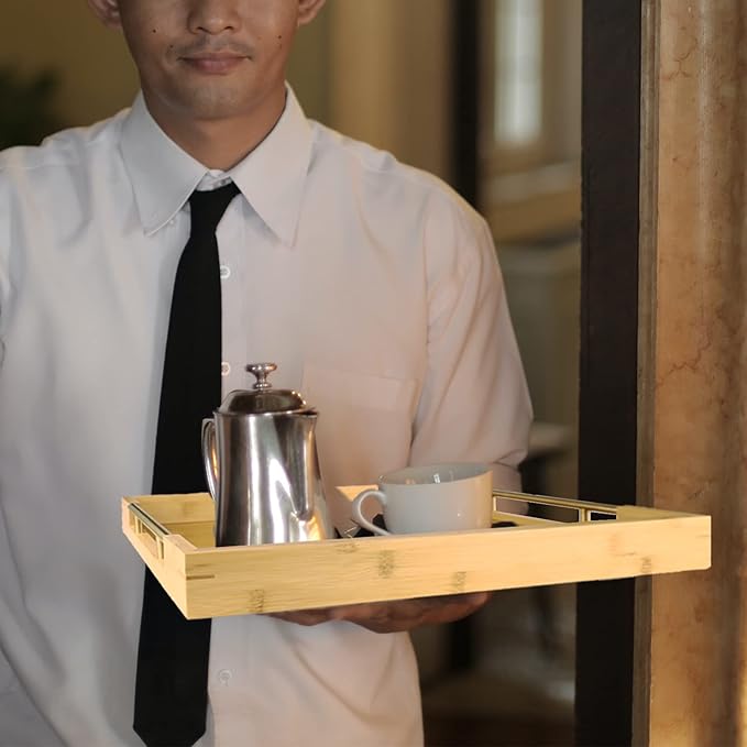 Bamboo Wood Serving Tray with Gold Polished Metal Handles, Decorative Tray Platter Coffee Table Tray Rectangular Wooden Breakfast Tray for Ottoman, Kitchen, Bedroom, Lap &Couch - 15x10.4 Inch