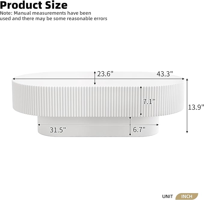 43.3" Oval Fluted Coffee Table Modern Elegant Drum End Table, Minimalist Center Table 7.8" Thick Tabletop with Sturdy Base for Living Room, Bedroom, Apartment,Easy Assembly, White