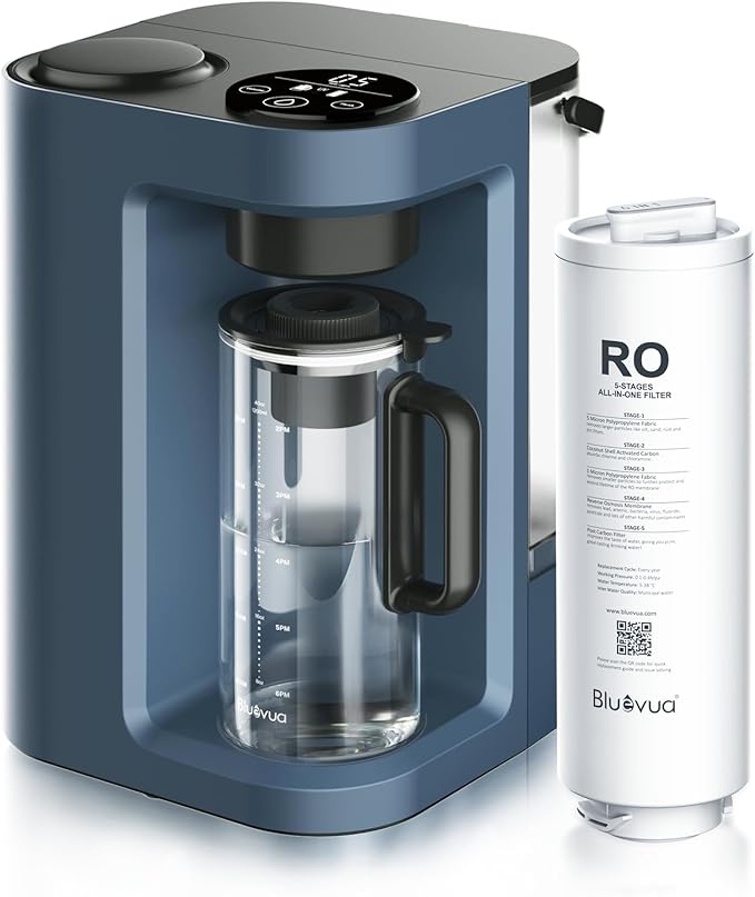 Bluevua RO100ROPOT-Lite(UV) Countertop Reverse Osmosis Water Filter System, 7-Stage Purification with UV and Remineralization, 3:1 Pure to Drain, Portable Water Purifier (Blue)