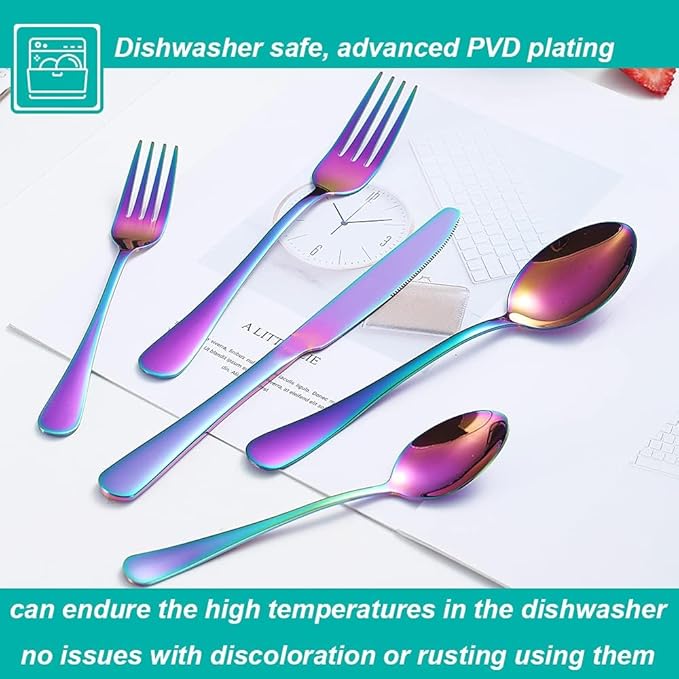 40 Pcs Rainbow Silverware Set for 8, Food Grade Stainless Steel Flatware Set, Eating Utensils Sets Include Fork/Knife/Spoon,Home Kitchen Tableware Set, Reusable Cutlery Set, Dishwasher Safe