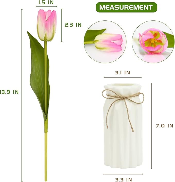 27pcs Colorful Artificial Flowers Tulips, Tulips with 1pc Plastic Vase, Fake Flowers Real Touch Flower 13.9", Christmas, Mother's Day, Easter, Valentine's Day, Family Kitchen, Wedding Decorations