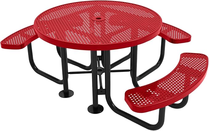 Heavy-Duty Portable Outdoor Picnic Table with Umbrella Hole, Punched Steel Patio Dining Furniture Made in America (46" Round Top, Textured Red)