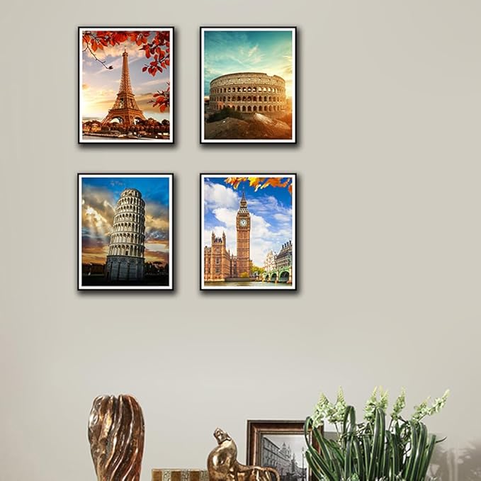 Boho Wall Art Decor, London, Tower of Pisa, Paris, Eiffel Tower,Roman Colosseum,City Wall Decor Art ,Modern Landscape Wall Art for Living Room Bedroom Prints Poster ,8x10 Inch Set of 4,Unframed