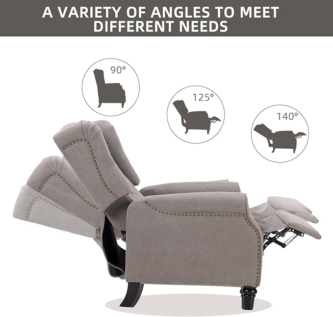 CANMOV Push Back Recliner Chair, Accent Chair,Mid Century Wingback Recliner, Fabric Push Back Recliner Chair Single Armchair Sofa with Rivet Decoration,Button-Tufted Back for Living Room, Grey