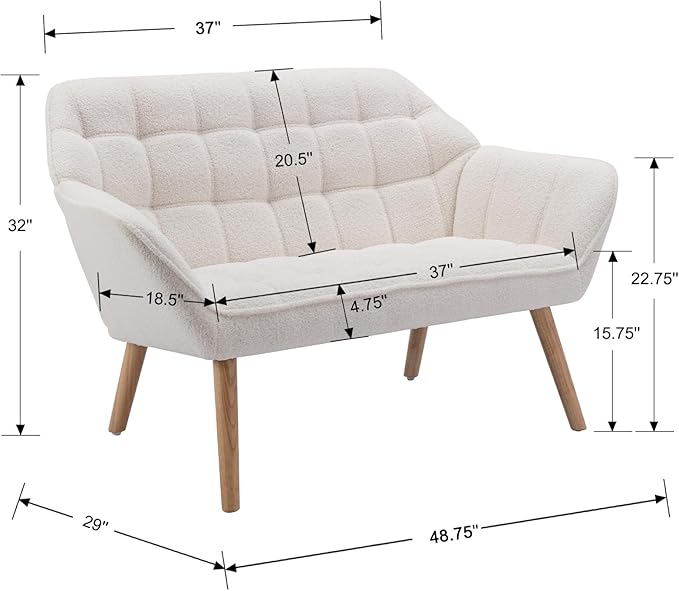 48”Small Loveseat Sofa, Modern Sherpa Upholstered Mini Couch 2-Seater Fluffy Love Seat with Quilting Backs and Wood Legs for Living Room, Bedroom and Small Space, White