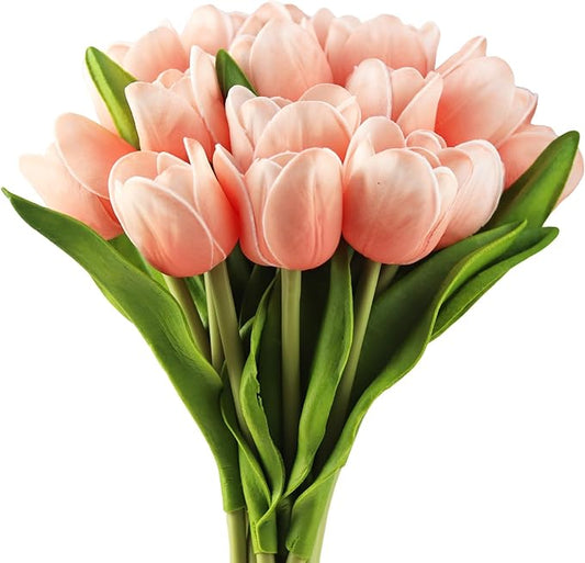Buart Artificial Tulip in Bulk for Home Kitchen Wedding Bridal Bouquet,Fake Flowers for Valentine's Day Mother's Day Easter Table Centerpieces Decorations(Peach,Real-Touch,12pcs)
