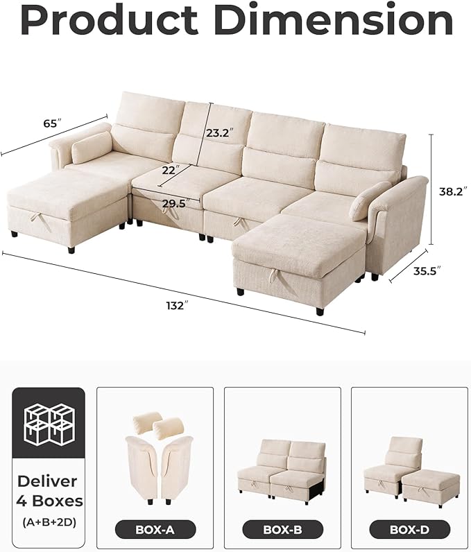 132'' Oversized Modular Sectional Sofa, U Shaped Comfy Sectional Couch with Large Storage, 6 Seat Chenille Deep Seat Cloud Sofa with 2 Throw Pillows for Living Room,Beige