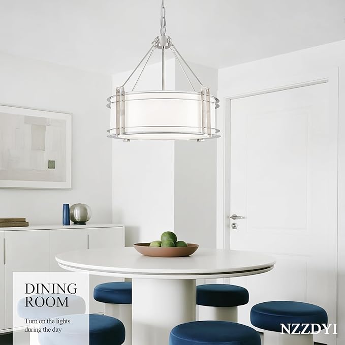 16.3''Drum Chandelier 3-Light Brushed Nickel Modern White Fabric Chandeliers Adjustable Drum Pendant Light for Dining Room Kitchen Island Hallway Living Bedroom