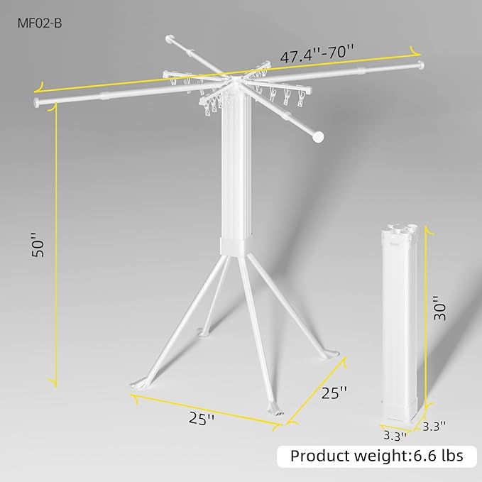 BIREN Clothes Drying Rack Foldable Extending Laundry Rack with 16 Clips Collapsible Clothing Rack Space-Saving Clothing Racks for Hanging Clothes, Indoor, Camping, Balcony, Outdoor