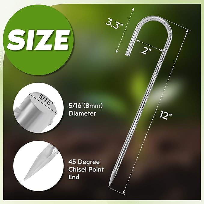 12 inches Tent Stakes Heavy Duty 34-Pack, 5/16" Diameter J Hook Fence Stakes Rebar Ground Stake for Inflatables, Tarp, Yard Lawn Outdoor Decoration