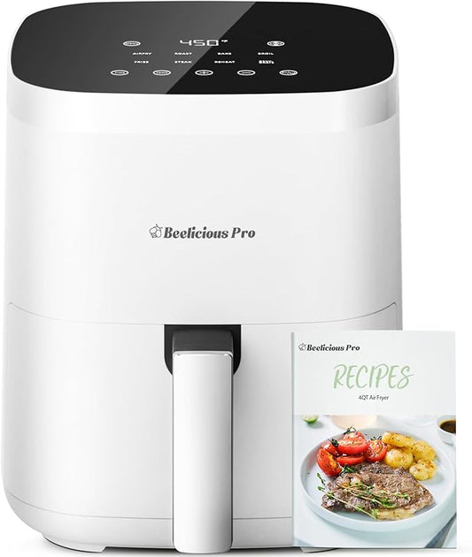 Air Fryer, Beelicious 8-in-1 Smart Compact 4QT Air Fryers,Shake Reminder,450°F Digital Airfryer with Flavor-Lock Tech,Tempered Glass Display,Dishwasher-Safe & Nonstick,Fit for 1-3 People, Bright White