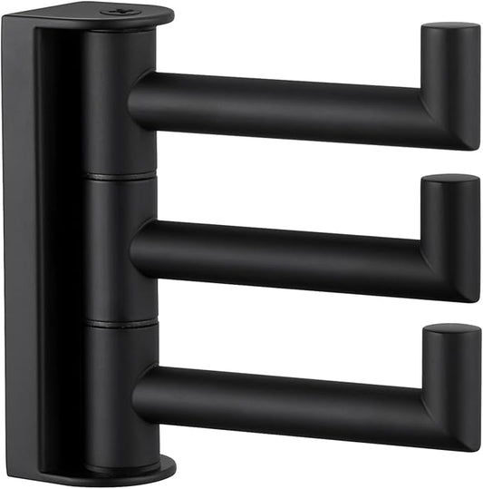 Angle Simple Swivel Towel Hook 3 Arms, SUS 304 Stainless Steel Foldable Bathroom Robe Towel Hook, Wall Coat Holder, Matte Black