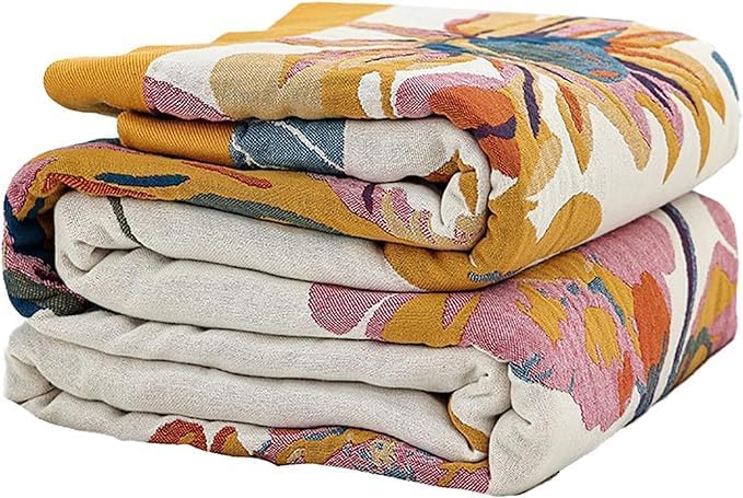 Boho Throw Blanket for Bed,100% Cotton Breathable Muslin Soft Throw, Fall Bed Throw Blanket Floral Bird Butterfly Printed Decor Large Blankets,80"×90" Rustic Farmhouse Throw for Sofa Couch Chair
