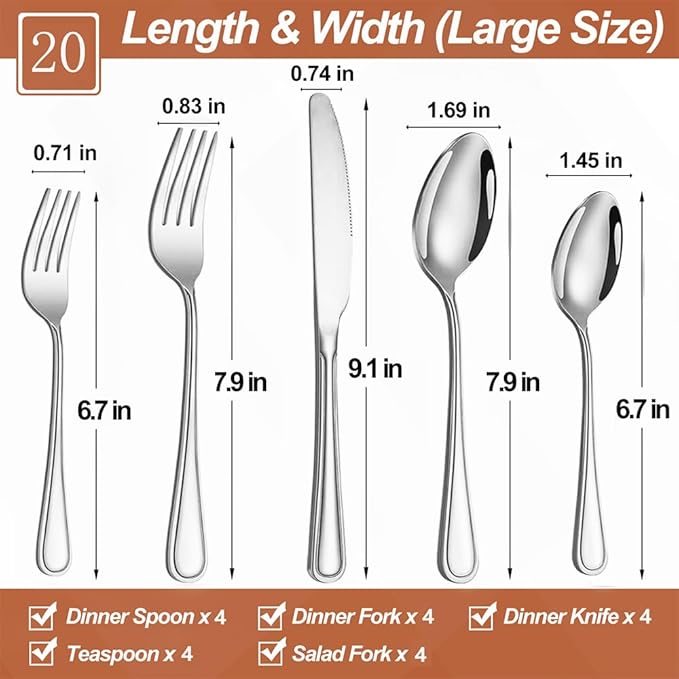 20 Pcs Silverware Set for 4 with Simple Striped Handle Design, Food Grade Stainless Steel Flatware Set, Eating Utensils Sets Include Fork/Knife/Spoon, Reusable Cutlery Set, Dishwasher Safe