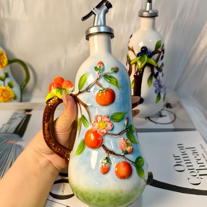 18.26oz/540ml Ceramics Olive Oil Dispenser Bottle,Hand Painted Reliefs Oil Dispenser for Kitchen,Oil Bottles for Kitchen (Persimmon)