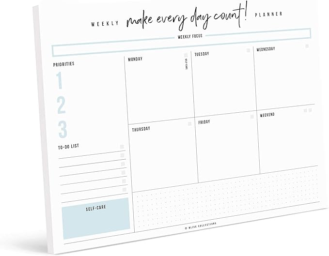 Bliss Collections Weekly Planning Pad, To Do List Notebook - Undated Tear-Off Sheets Notepad - Work Calendar, Organizer, Scheduler for Goals, Tasks - Make Every Day Count, 8.5" x 11", 50 Sheets
