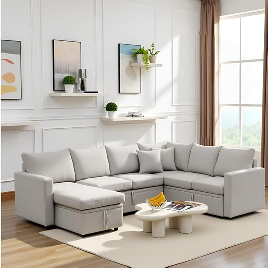 7 - Seater Sofa Bed, Large U - Shaped Modular Sectional Sofa, Oversized Pull - Out Sleeper with Storage for Living Room, Light Grey