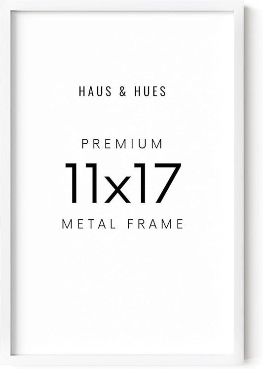 HAUS AND HUES 11x17 White Picture Frame - 11X17 Poster Frame - Aluminum, Vertical & Horizontal Hang, Shatterproof Plexiglass, Perfect for Home, Room, Office (11x17 in, White)